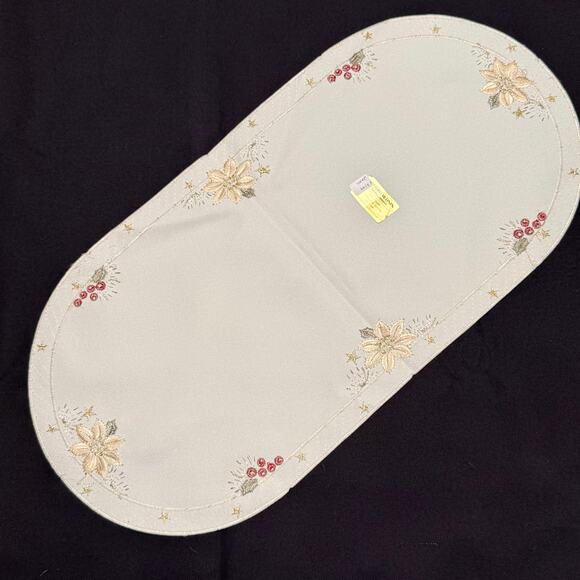 German Embroidered Christmas Table Runner 11x22 Gold Thread Poinsettia Place Mat - Picture 3 of 7